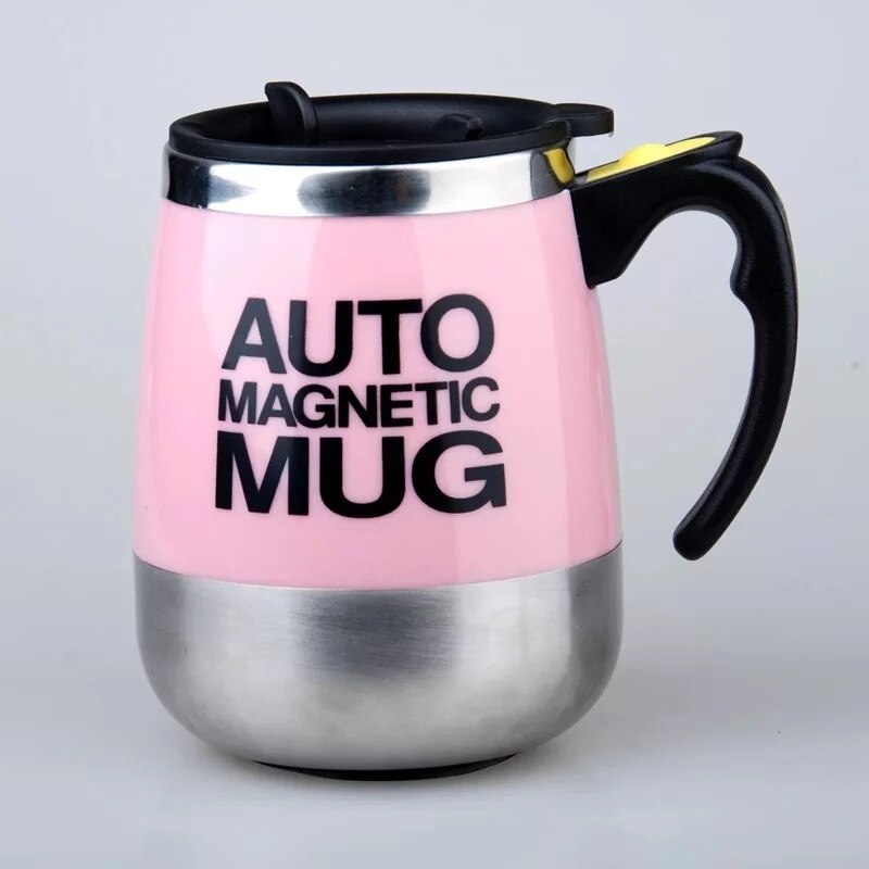 Coffee Mug Stainless Steel Magnetic Coffee Cup Self Stirring Automatic Milk Mixing Mugs Electric Lazy Shaker 2pcs 1 Spoon: Pink