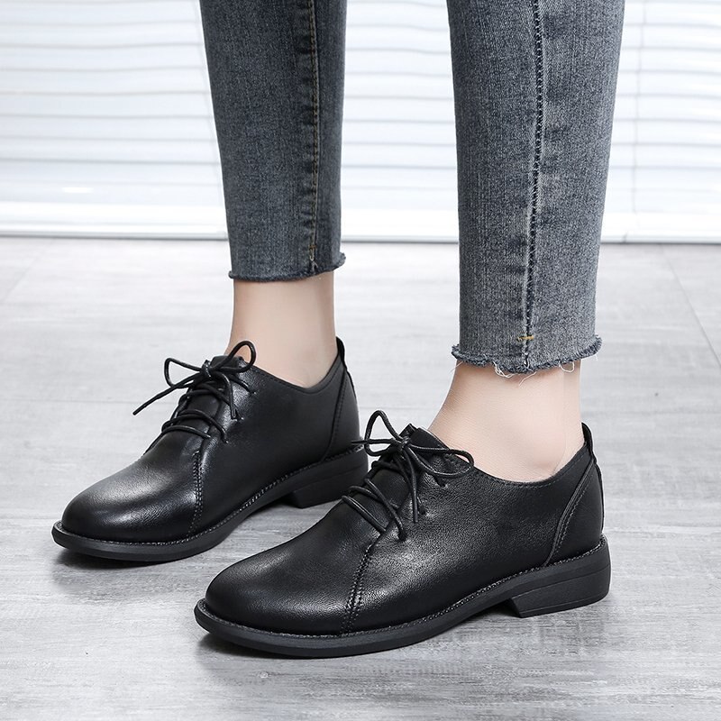 Spring Autumn Women's Oxford Shoes Black Lace Up Leather Shoes Wave Brogue Shoes Cross-tied Casual Shoes zapatos mujer 8812N