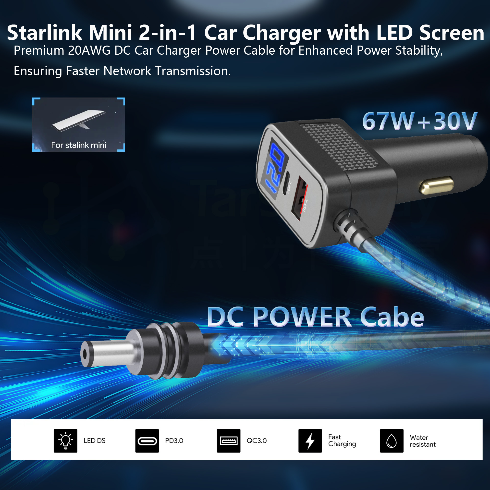 3M Starlink Mini Power Cable 100W 12V-24V Cigarrete Lighter Adapter to DC Power Cable with USB Type-C Port and Voltmeter: US Plug