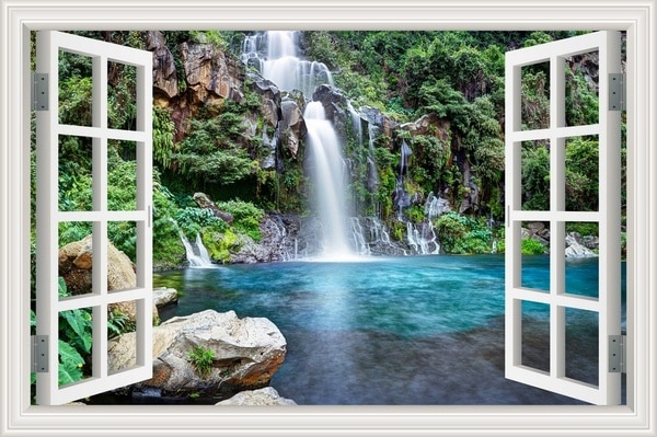 3D Mountain Fall View False Faux Window Frame Window Mural Vinyl Bedroom Wall Decals Stickers