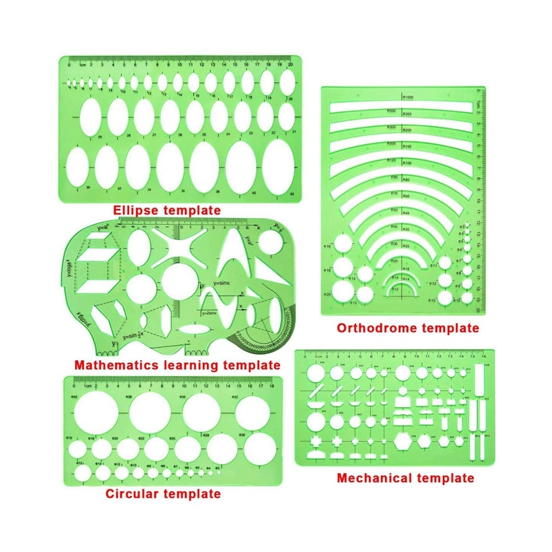 11 stück Geometrische Zeichnungen Vorlagen Kunststoff Klar GrüNe Kunststoff Herrscher mit 1 Pack Poly Reißverschluss Umschläge für Studium,