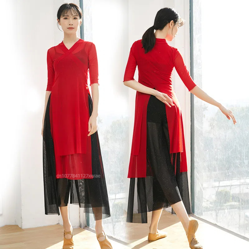 Chinese Style Modern Dance Practice Hanfu Medium Long Women's Classical Ethnic Double Layered Slit Gauze Clothes