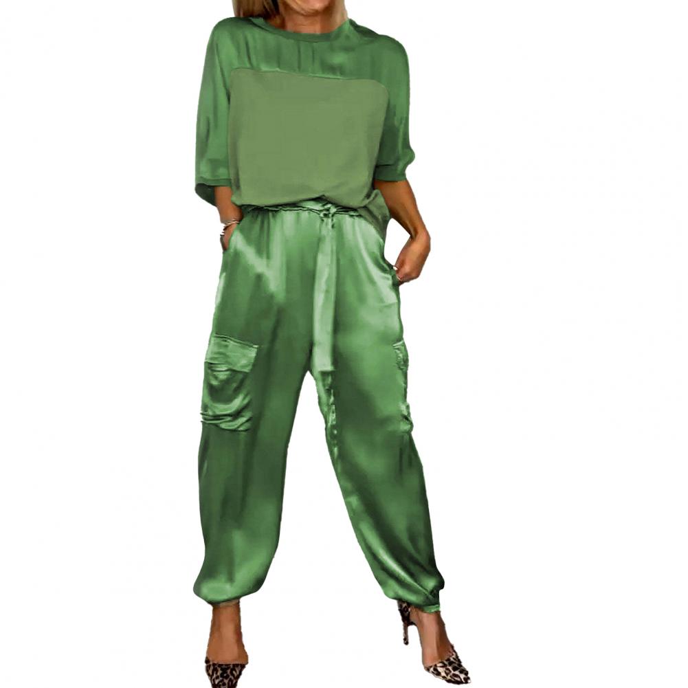 Women Two-piece Set Three-quarter Sleeve Suit Satin Women's Top Pants Set Lace-up Waist Women Casual Patchwork Suit: L / black