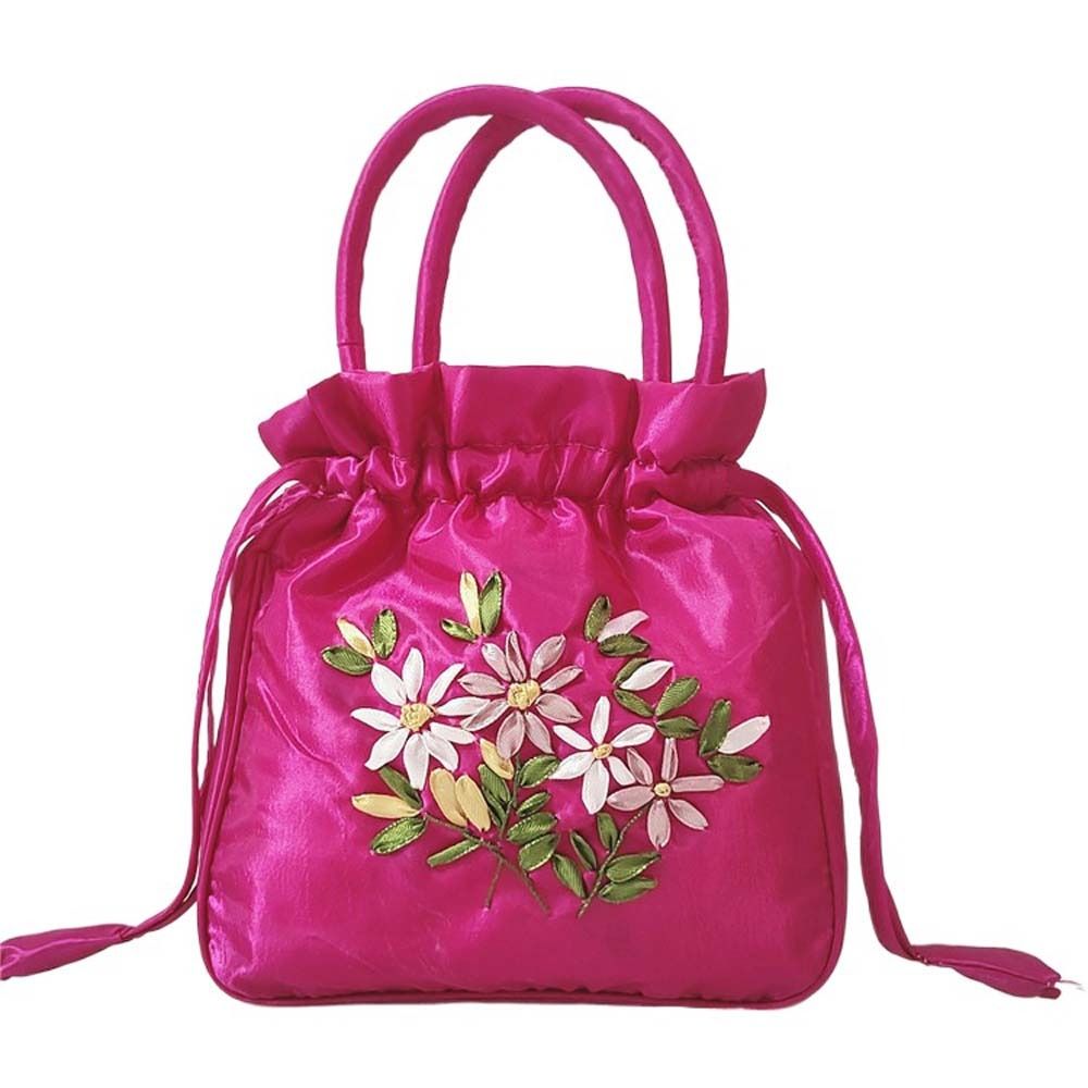 Bolso de mano con bordado de seda satinada para mujer, cartera pequeña con cordón Floral, Hanfu, Retro y: Verde