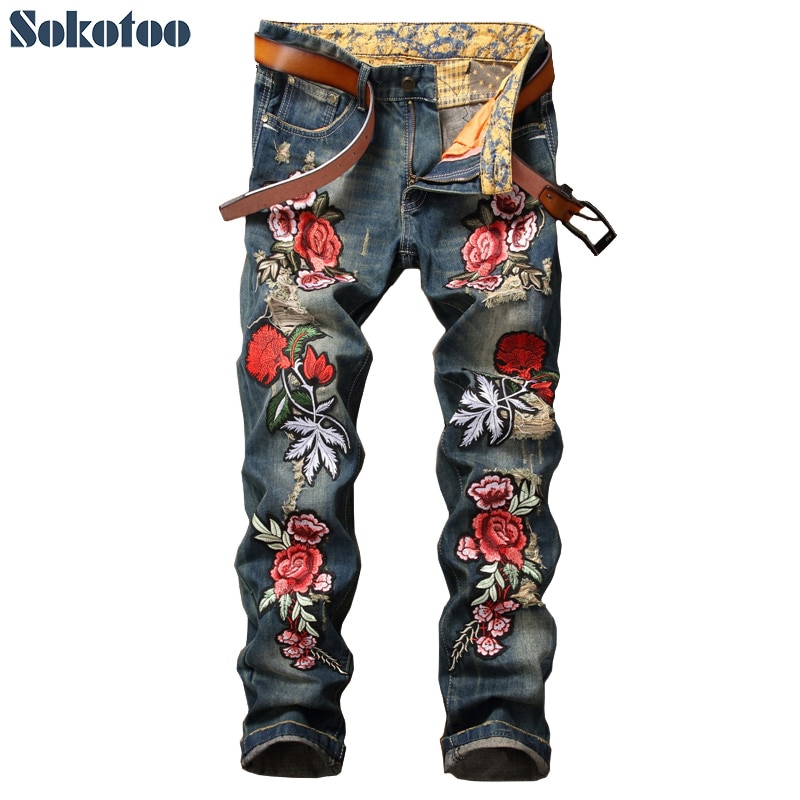 Sokotoo – jean déchiré brodé de fleurs pour homme, pantalon en denim, coupe droite slim, troué