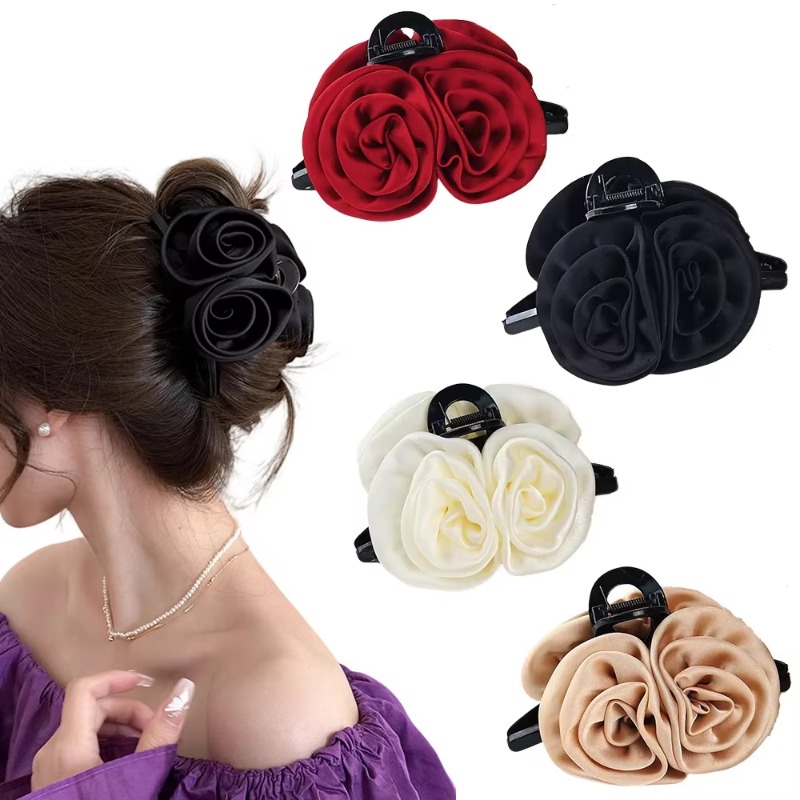 Pinzas en forma de garra para el pelo con flor de Rosa doble francesa para mujeres y niñas, accesorios para el pelo de tiburón hechos a mano de tela sólida satinada Vintage, nuevos