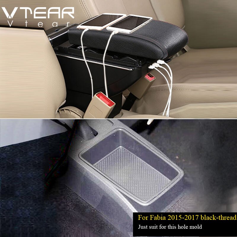 Vtear Für Skoda Fabia Auto armlehne leder Arm Rest usb-schnittstelle lagerung Kasten Styling center konsole zubehör dekoration: 2015-2017 Schwarz