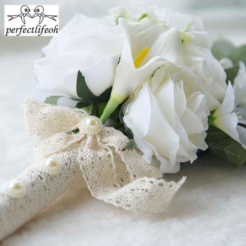 perfectlifeoh Beautiful Artificial Flowers Ivory/Yellow Calla Lily Long Flower Bouquet Wedding Bouquet bridal bouquets