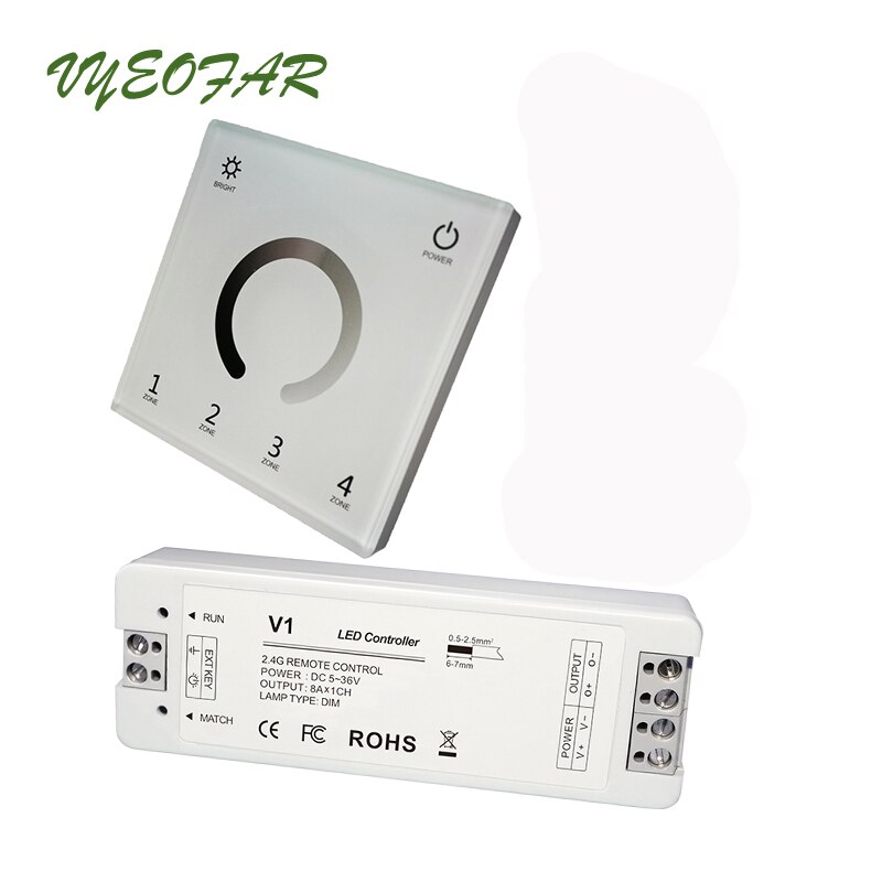 Tira dimmer led 230v 110v painel de toque, 4 zona wi-fi 2.4g rf remoto 12v único controle de tira colorida 8a, receptor sem fio: T11-W and V1