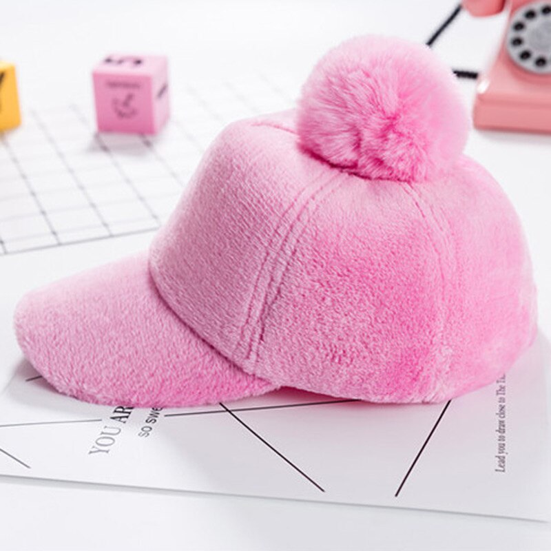 Girls Fleece Winter Baseball Cap Cute Pink Pom Pom Snapback Adjustable Cap Youth Kids 5-10 Years