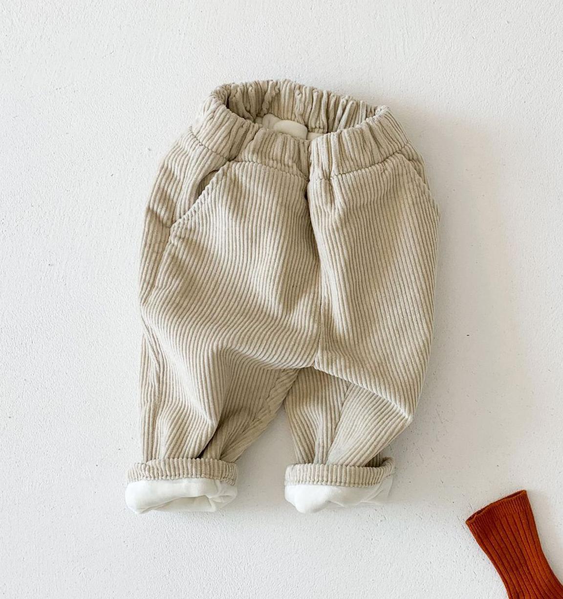 Kinderen casual elastische taille pure katoenen corduroy broek baby effen kleur plus fluwelen broek jongens en meisjes winter warme broek: K3573 beige / 9m 73cm
