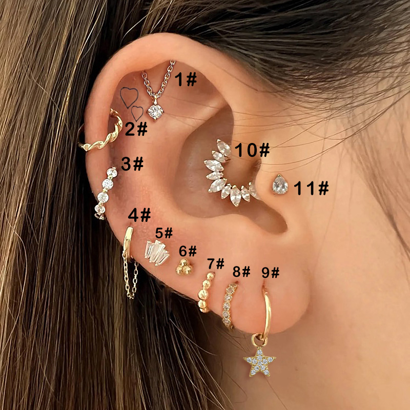 Piercing de gota de agua de cristal, pendientes de cartílago plano Tragus, Perno de oreja, hélice, Concha, Rook, lóbulo, anillo de oreja, Labret, de joyería CC092, 1pc: Gris / Color amarillo dorado claro