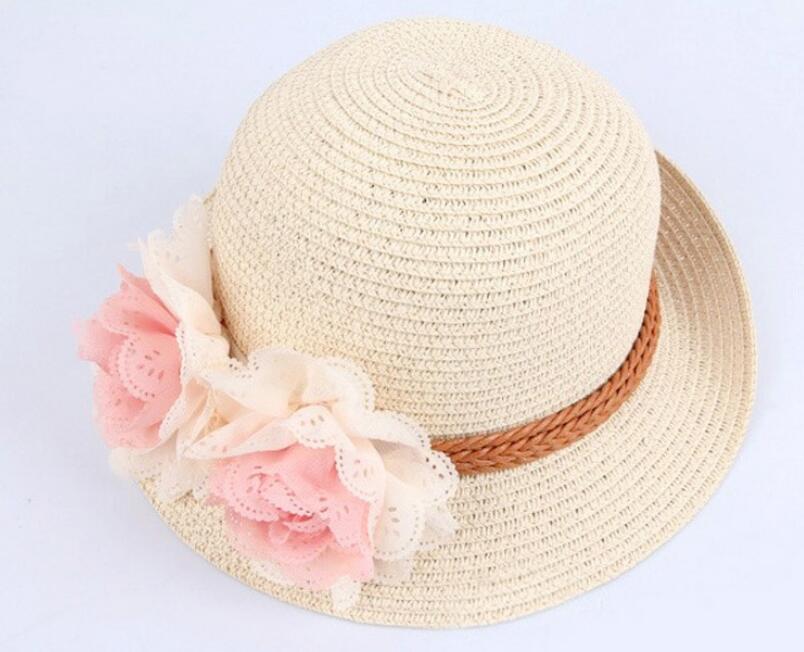 Kid Girl Princess Sun Hat Flower Beach Caps Children Straw Wide Brim Floppy Cap Flower Children's Sun Hat: WYH-4814-BI