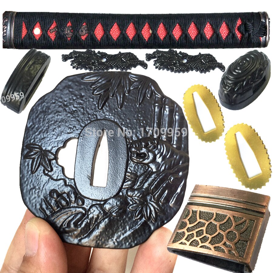 Metal Crafts Tiger Theme Iron Guard/Sword Handle DIY Fittings for Katana/Wakizashi Nice Tsuba+Menuki+Fuchi+Kashira+Habaki+Seppa: Set Handle