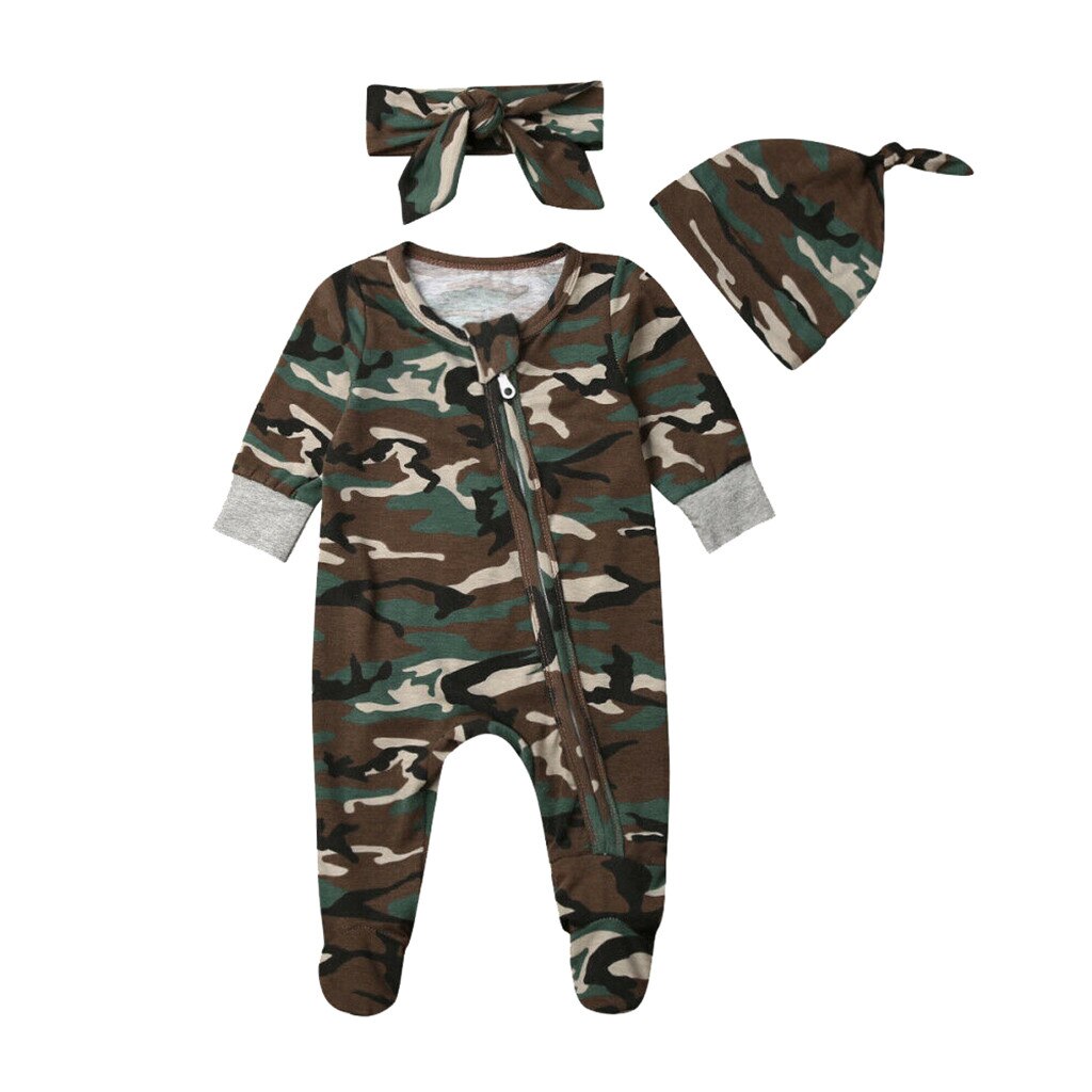 Newborn Baby Girls Boys Camouflage Romper Infant Cute Zipper Casual Jumpsuit Hairband Hat Set Toddler Long Sleeve Cotton Clothes: 6M