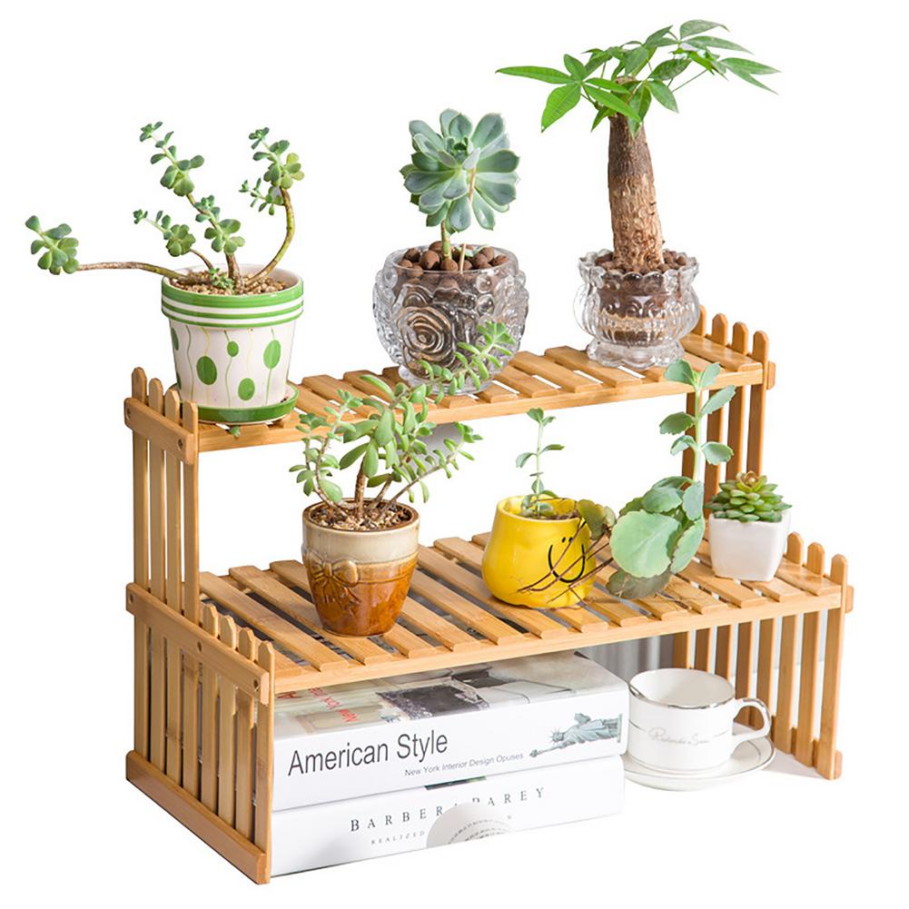 Small Succulent Plant Holder Bamboo Office Desktop Flower Stand 2-layer Garden Balcony Bonsai Display Rack Plant Shelf