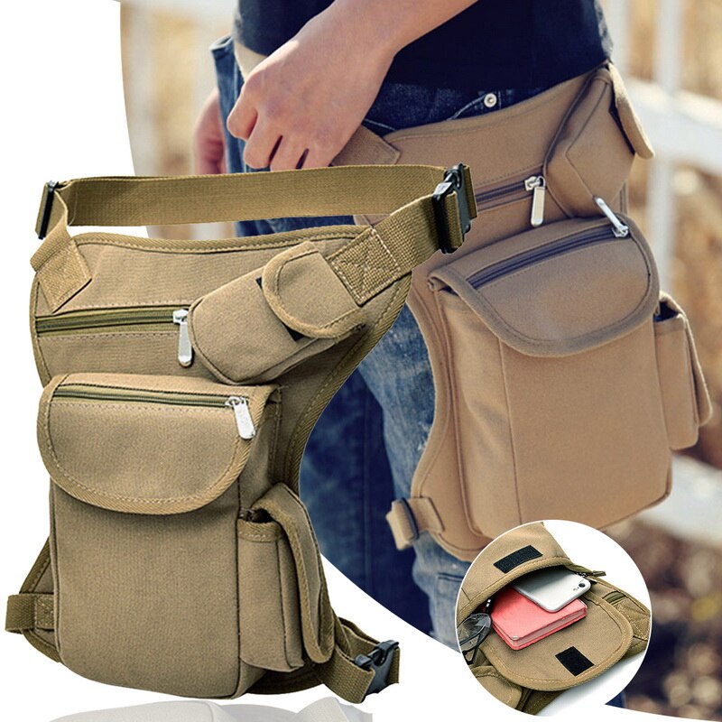 Mannen Reizen Rijden Motorfiets Zak Draagbare Taille Messenger Bag Casual Canvas Dij Been Multi-Pouch