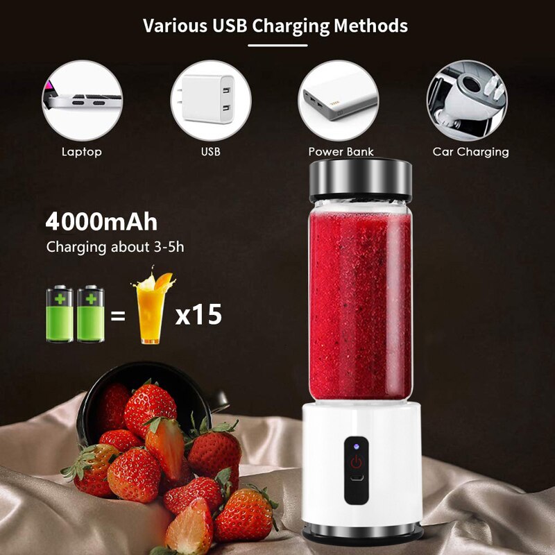Bpa gratis usb genopladelig smoothie blender batteri personlig 380ml glas smoothie blender juicer let lille bærbar blender