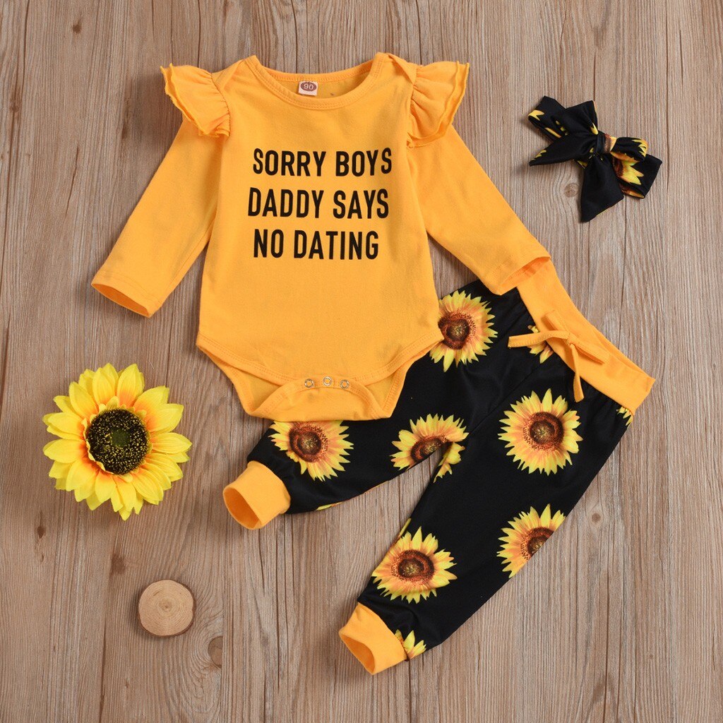 Vestiti del bambino della ragazza Manica Lunga Lettera mi dispiace ragazzi Pagliaccetto Stampato + Girasole Pants + Headband 0-24M ragazze vestiti Vetement Fille