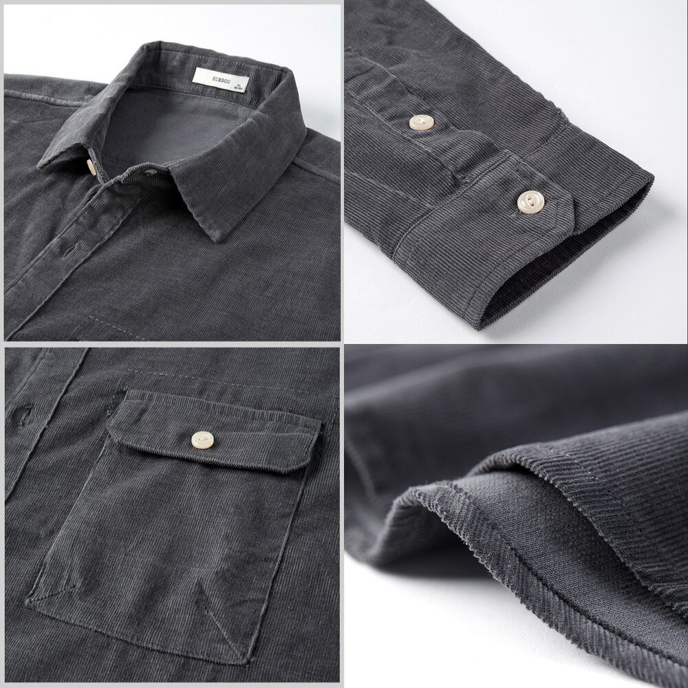 KUEGOU Autumn Thick 100% Cotton Gray Pocket Shirt Men Dress Casual Slim Fit Long Sleeve Male Brand Plus Size Clothes 6613