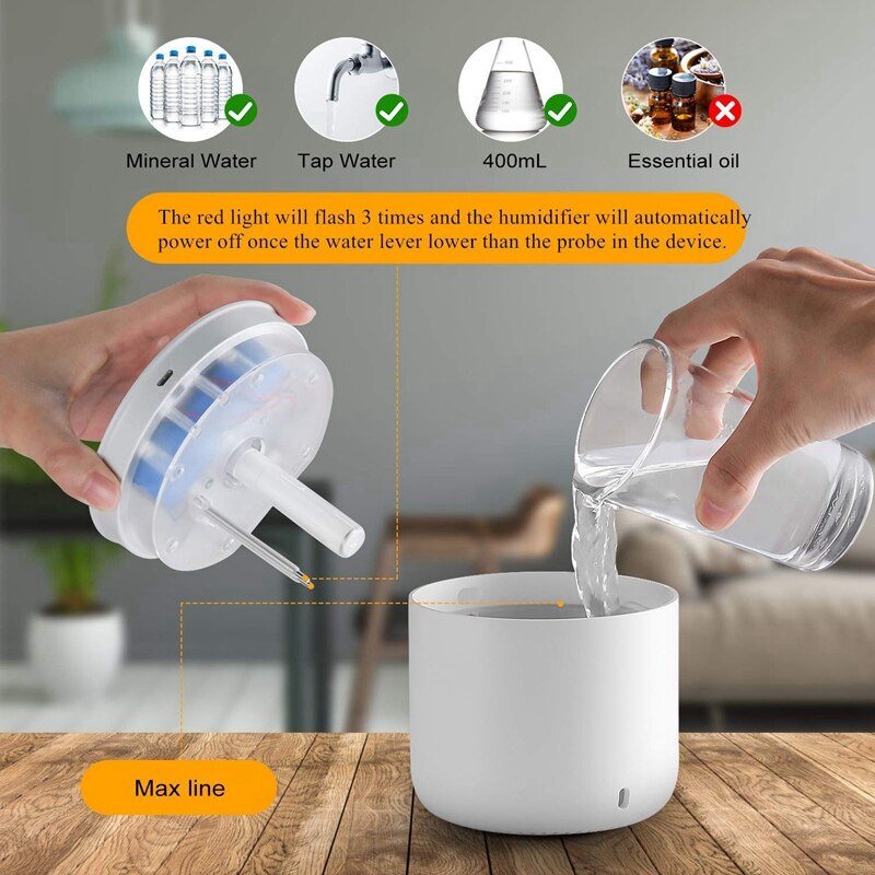Draagbare luchtbevochtiger, met 7 led-lampjes, , 400 ml kleine capaciteit opladen en persoonlijke luchtbevochtiger, geschikt voor slaapkamer, kantoor, ca