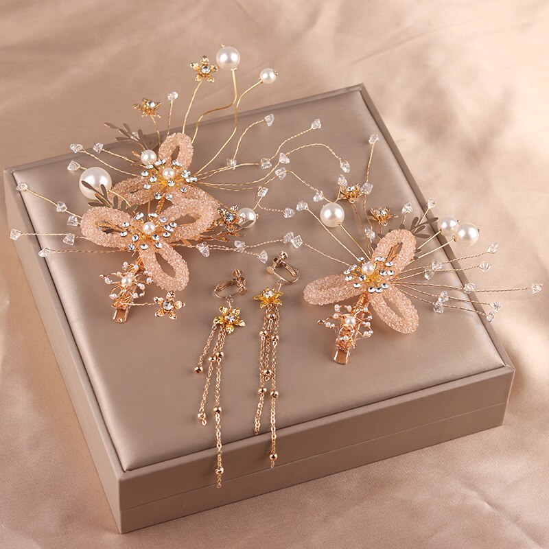 Bridal Hairpins Clips Earring Sets for Photo Shooting Gold Color Rhinestone Pearls Headpieces Headbands Bride Wedding Jewelry: Default Title