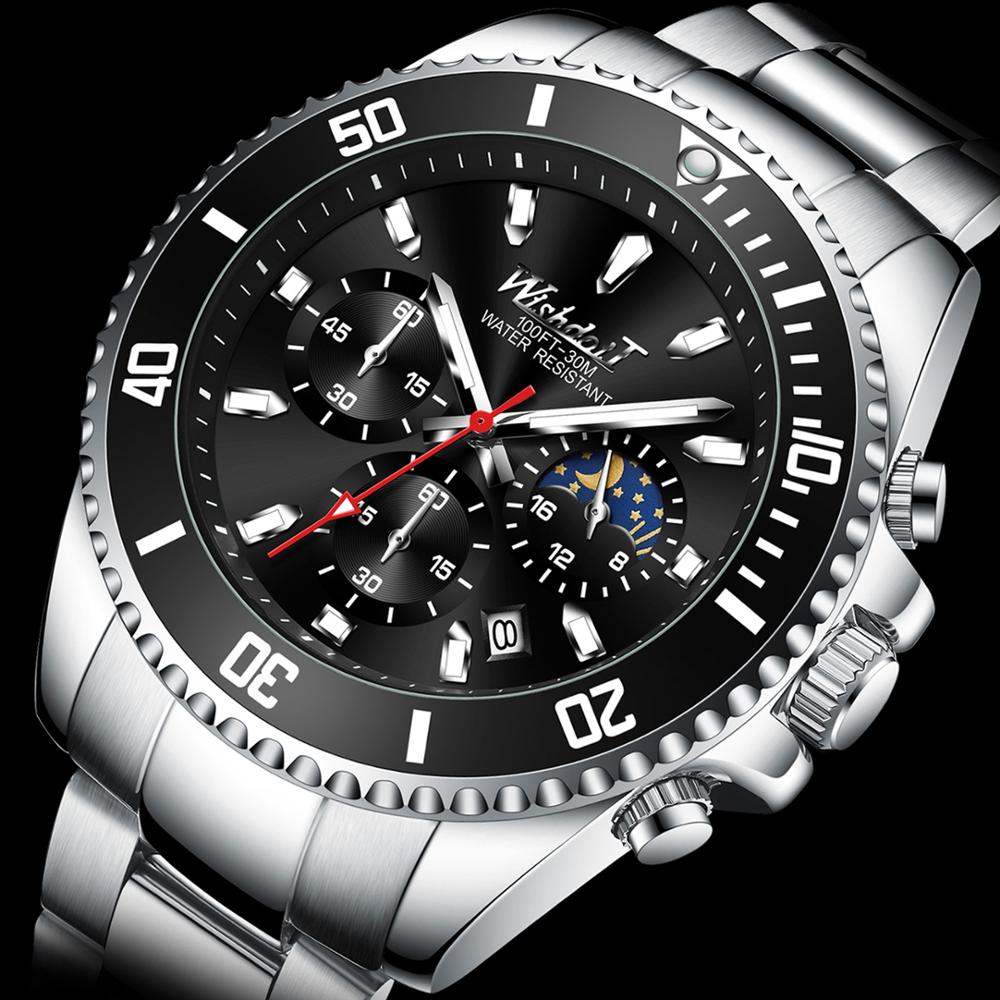 WISHDOIT-nuevos relojes para hombre, lujosos, a la , luminosos, a prueba de agua, cronógrafo, fase lunar, calendario, reloj de cuarzo de acero inoxidable: SIlver Black