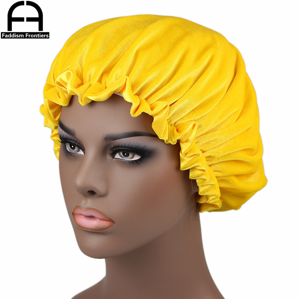 Reversible Velvet Bonnet Satin Lined Elastic Band Bonnets Sleeping Cap Women Lady Turban: Yellow