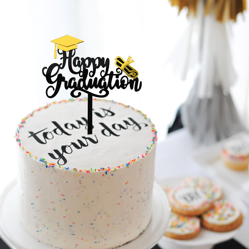 Gold Happy Graduation Cake Topper Bachelor Cap Acrylic Cupcake Topper for DIY Baking Kitchen Supply Happy Graduation Party Decor
