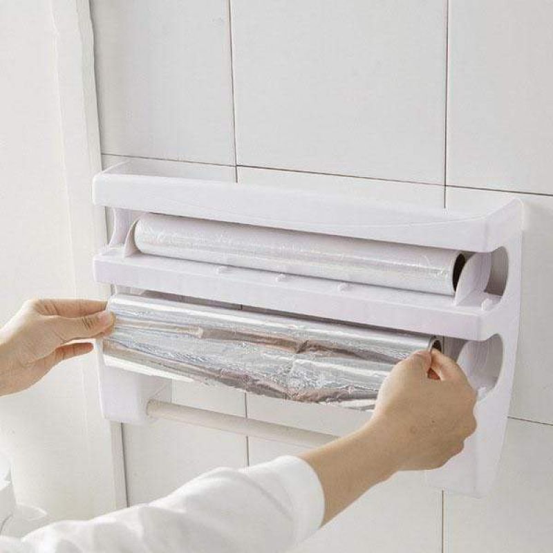 Multifunktions skärställ kökshållare för förvaring av plastfolie wrap cutter kylskåp vägghängande pappershanddukshållare hem