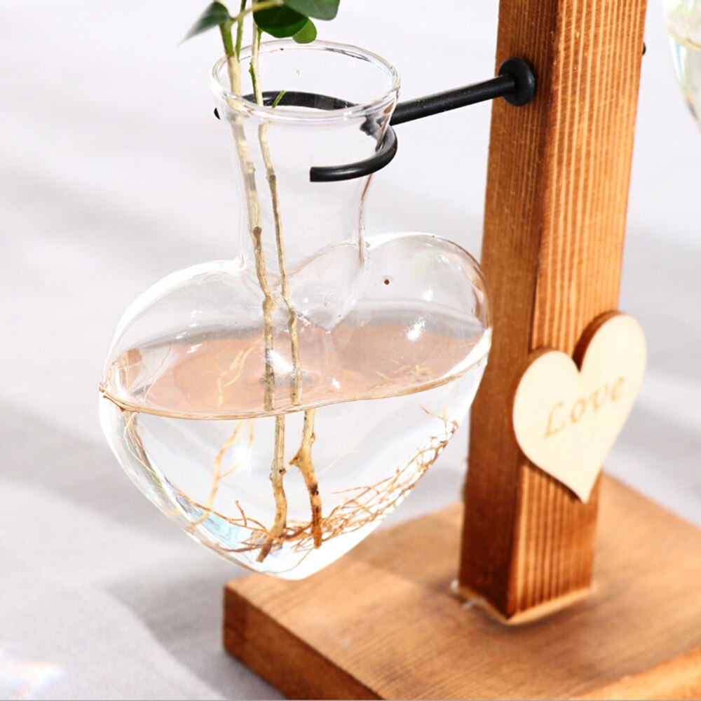 Kärlek hjärta glasvas vattenväxter kruka hydroponisk bonsaikruka transparent display växter vas med träbricka för heminredning