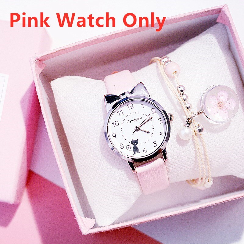 Studenten Kinderen Roze Horloge Meisjes Lederen Kind Kids Zwarte Kat Quartz Horloge Ronde Analoge Klok Horloges: Pink Watch Only