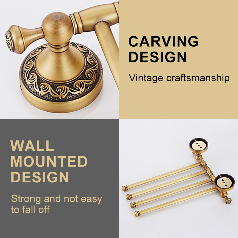 Antique Brass Movable Towel Bar for Bathroom, Kitchen Bath Towel Holder Hangers Wall Mount Heavy Duty 8024DH-4