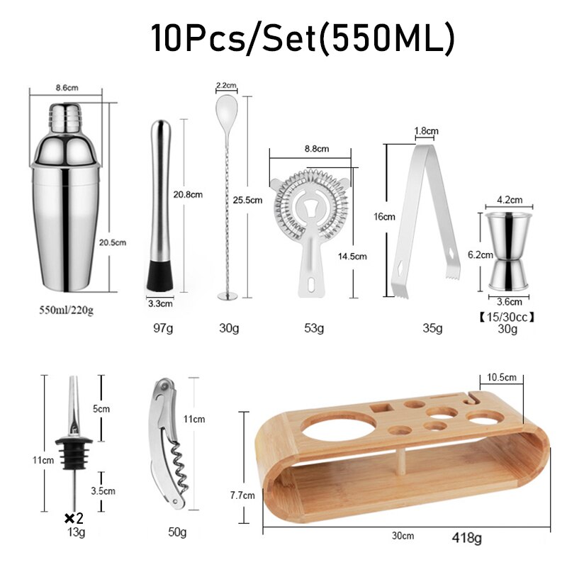 550ML/750ML Stainless Steel Mixer Wine Martini Cocktail Shaker Cocktail Shaker Bar Set Boston Shaker For Drink Party Bar Tools: 10Pcs 550ML