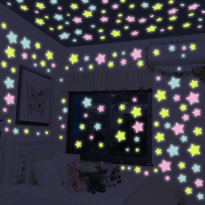 50pcs 3D Stars Luminous Fluorescent Wall Stickers Glow In The Dark Stars And Moon Plastic Stickers Ceilings & Wall Bedroom Decor