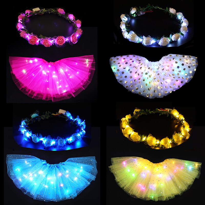 Jupe Tutu lumineuse LED pour femmes et filles, guirlande de fleurs, bandeau, , vêtements de fête néon, Costume de princesse de mariage d&#39;anniversaire