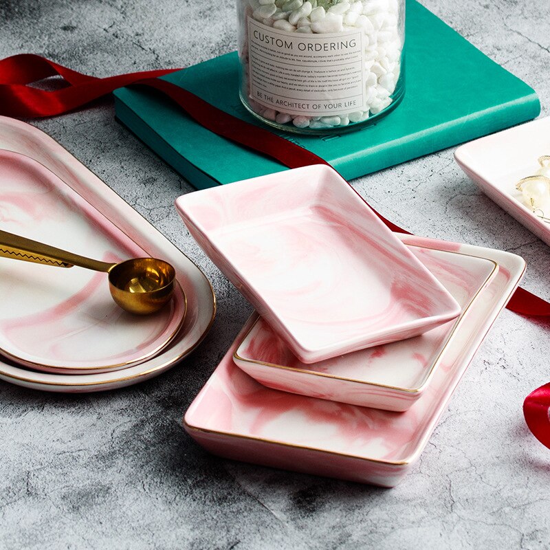 Nordic Marble Pattern Ceramic Storage Plate Kitchen Food Display Tray Rectangular Desktop Organizer