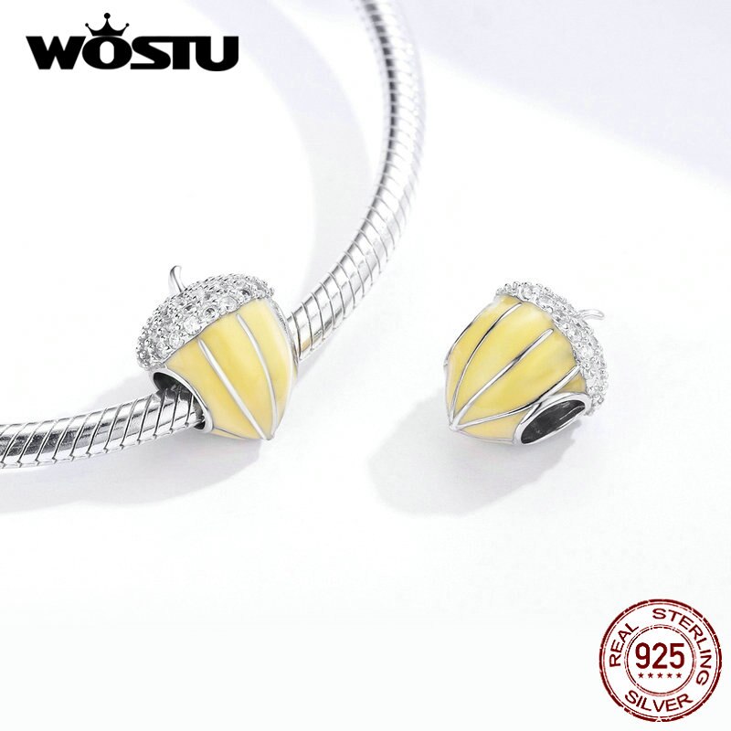 Wostu Real 925 Sterling Zilveren Dennenappel Kralen Geel Emaille Hanger Fit Originele Armband Bedels Zilver 925 Sieraden CQC1319