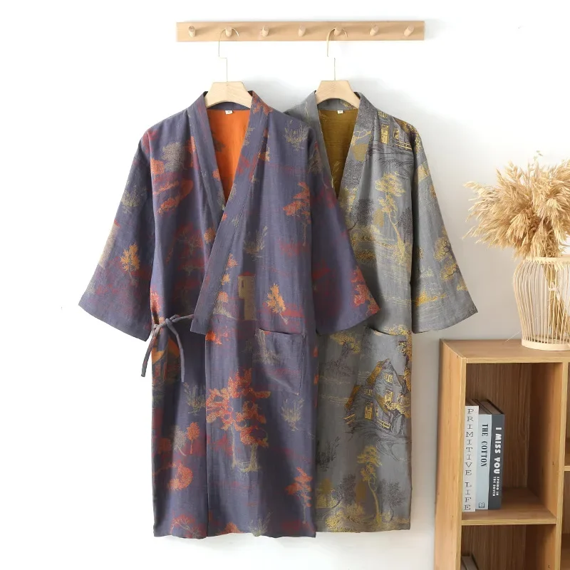 Ropa de baño para hombre, pijamas tipo kimono de algodón, batas para primavera, ropa de casa con estampado Jacquard, albornoz transpirable de gran tamaño de longitud media