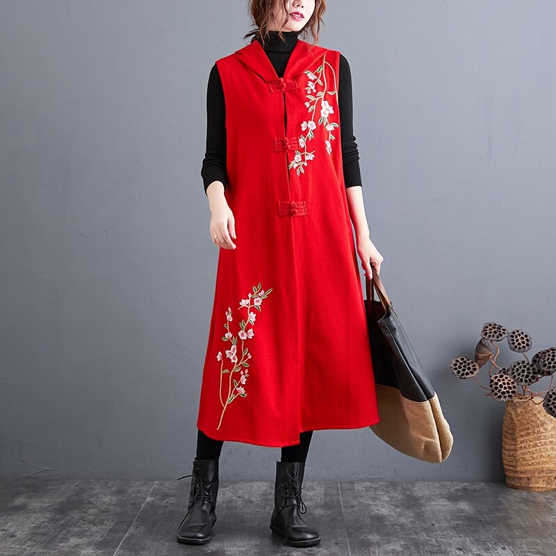 Chaleco para mujer, novedad de , chalecos con estilo chino para mujer, chaqueta sin mangas, bordado Vintage, chaleco largo y delgado étnico 11424: 1 / XL