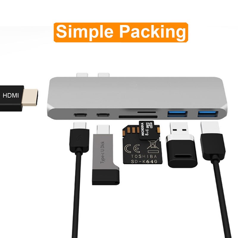 Usb-c dock til hdmi thunderbolt 3 adapter usb type c hub med pd power tf sd kortlæser usb 3.0 til macbook pro/air usb-c: Simpel æske-sølv