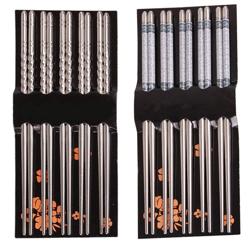 Five Pairs 22cm Metal Non-Slip Retro Blue White Porcelain Pattern Stainless Steel Chopsticks JDZ Sushi Sticks Convenient