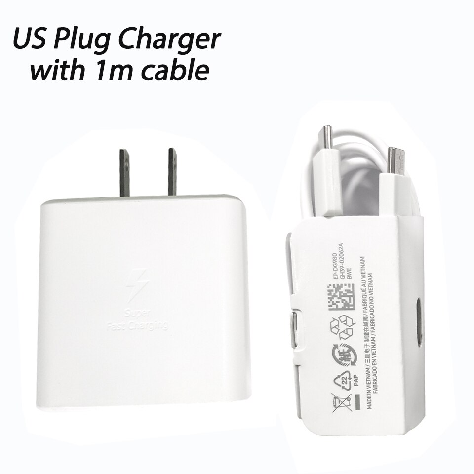 Original for SAMSUNG S21 Ultra Charger 45W Type C Super Fast Charger PD Quick Charging for Galaxy S20 S21 Plus Tab S7 S7+ Tablet: US white and 1m wire