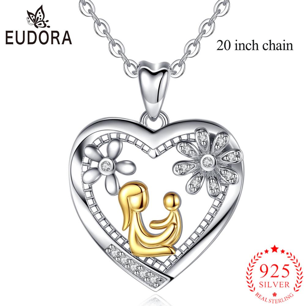EUDORA-collar de plata de ley 925 con colgante para madre, collar con colgante para mamá y niño, joyería fina para mujer, para madre, dije de flor de corazón D59: Plata