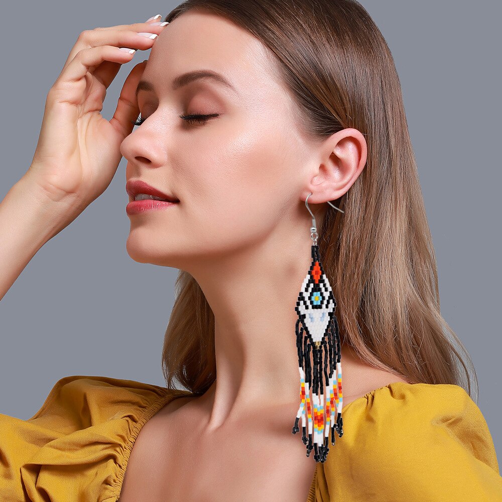 Go2Boho Inheemse Tribal Lange Oorbellen Boho Etnische Omzoomd Sieraden Miyuki Zaad Kralen Dangle Tassel Oorbellen Voor Vrouwen