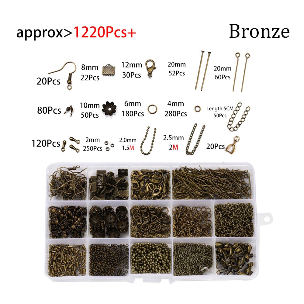 1220Pcs Sieraden Maken Set Ringetje Karabijn Pin Keten Oorhaak Voor Diy Hanger Sieraden Maken Kit Levert accessoires: Bronze