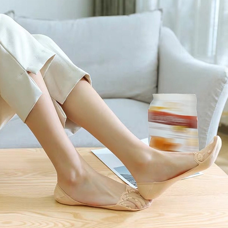 Calcetines invisibles antideslizantes con encaje para mujer, calcetín de corte bajo, bordado transparente