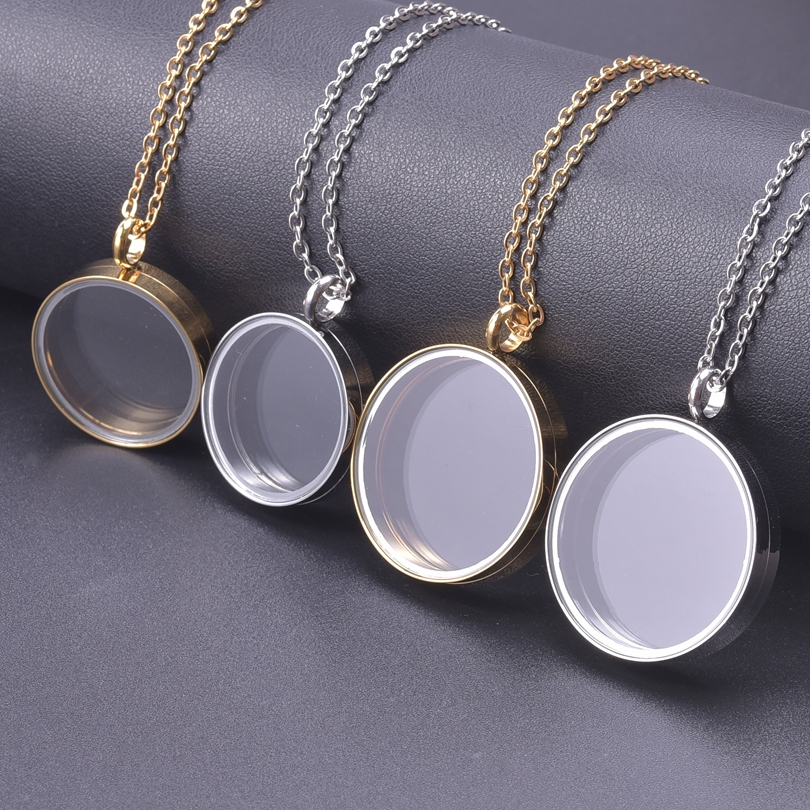 1Pc Stainless Steel Round Reliquary Coin Holder Locket Pendant Women Necklaces Glass Floating Ashes Relicario Collares Jewelry