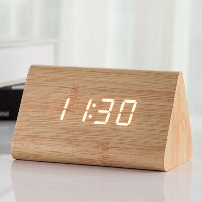 Jinsun Wekker Moderne Houten Thermometer Desk Klokken Led Digitale Klok Geluid Controle Mini Led Tafel Klok: bamboo-white