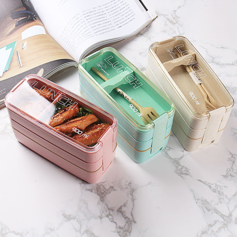 3 Layer Wheat Straw Lunch Box with Bag Japanese Microwave Bento Box with Fork Spoon Food Container for Student Office Staff